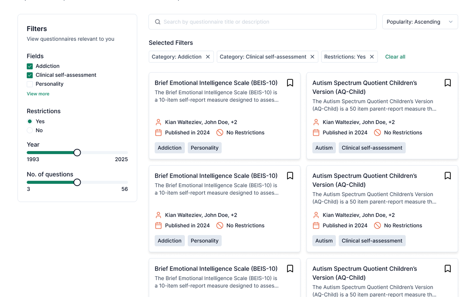 Questionnaires page with filters and search